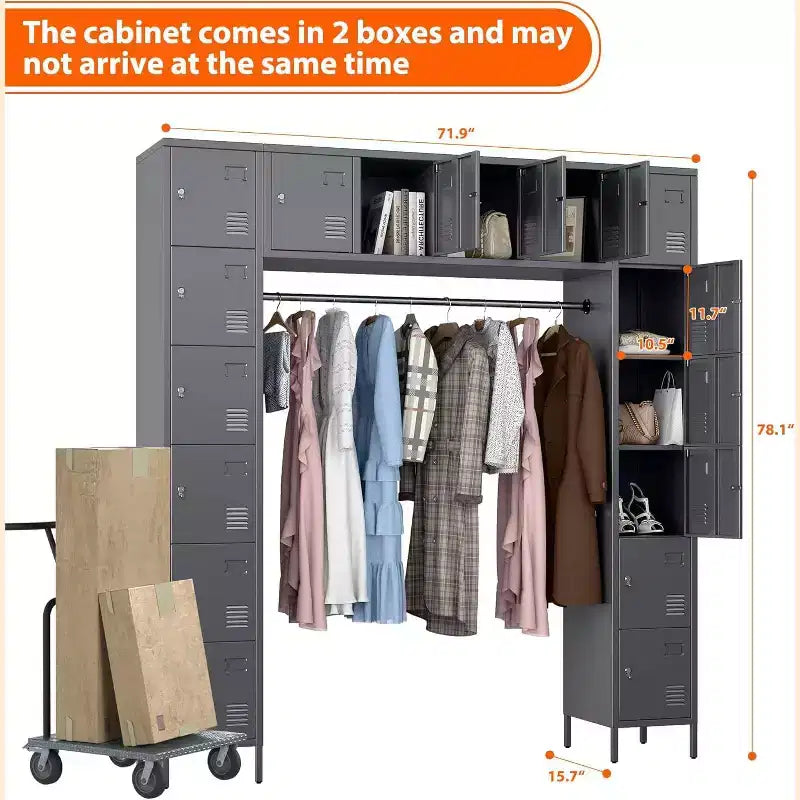 Meuble de rangement métallique multifonctionnel - Casiers de rangement de 198 cm de haut avec 16 portes et tringle de suspension pour bureau, maison, école, salle de sport, gris foncé