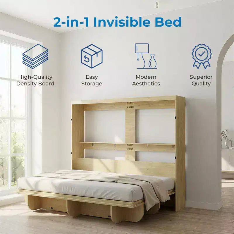 Mjkone 2-in-1 Invisible Murphy Bed with Shelf Storage, Queen Size, Natural Wood (Mattress Not Included)