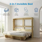 Mjkone 2-in-1 Invisible Murphy Bed with Shelf Storage, Queen Size, Natural Wood (Mattress Not Included)