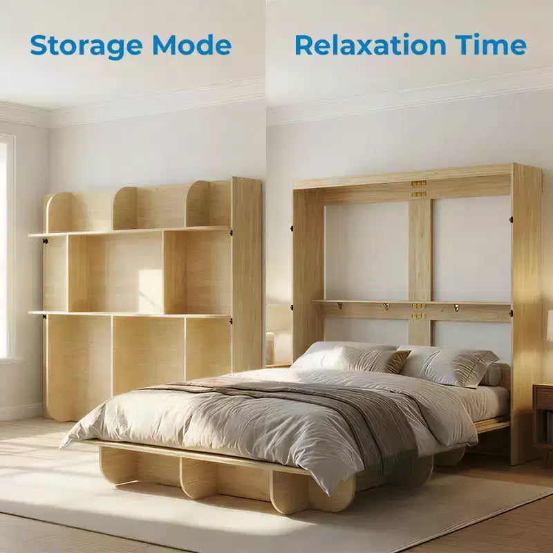 Mjkone 2-in-1 Invisible Murphy Bed with Shelf Storage, Queen Size, Natural Wood (Mattress Not Included)