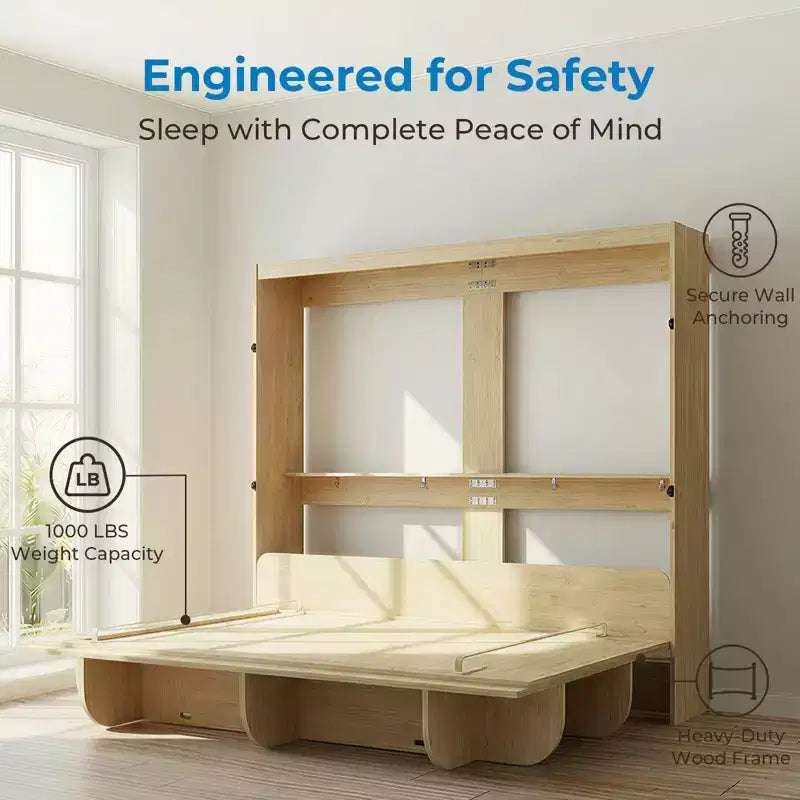 Mjkone 2-in-1 Invisible Murphy Bed with Shelf Storage, Queen Size, Natural Wood (Mattress Not Included)