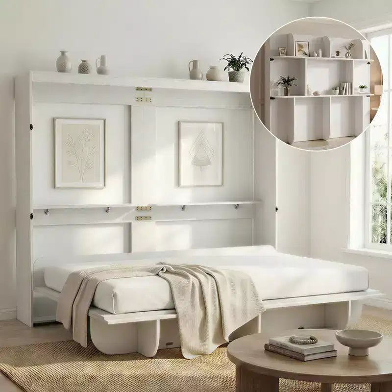Mjkone 2-in-1 Invisible Murphy Bed with Shelf Storage, Queen Size, Natural Wood (Mattress Not Included)
