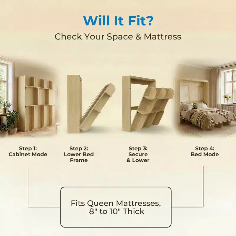 Mjkone 2-in-1 Invisible Murphy Bed with Shelf Storage, Queen Size, Natural Wood (Mattress Not Included)