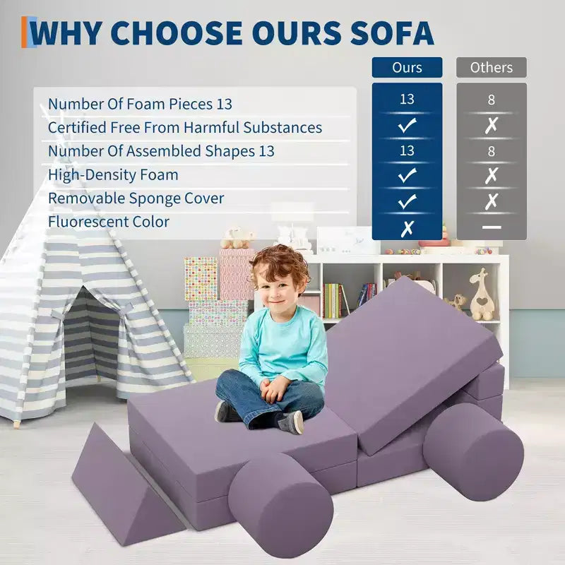 Canapé de jeu modulaire pour enfants, canapé d'explorateur 13 pièces pour enfants, canapé de jeu convertible en mousse pour chambre à coucher et salle de jeux, canapé gris 2 places pour enfants