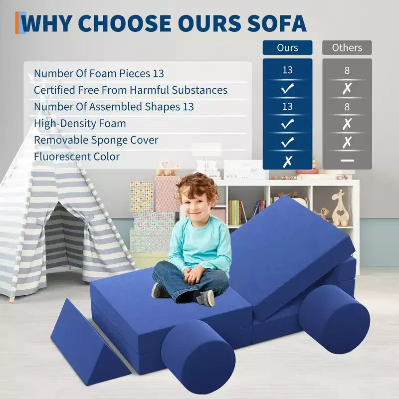 Canapé de jeu modulaire pour enfants, canapé d'explorateur 13 pièces pour enfants, canapé de jeu convertible en mousse pour chambre à coucher et salle de jeux, canapé gris 2 places pour enfants