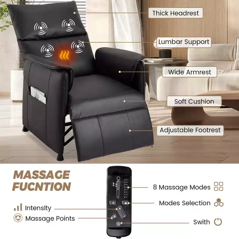 Massage Recliner Chair with Heat, PU Leather Lounge Chair with Vibration Massage Points, Modern Single Sofa for Living Room, Bedroom, Black