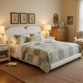 Queen/King Size Upholstered Platform Bed Frame with Thick Soft Headboard, White, Low profile - ModernLuxe