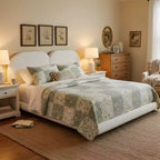 Queen/King Size Upholstered Platform Bed Frame with Thick Soft Headboard, White, Low profile - ModernLuxe
