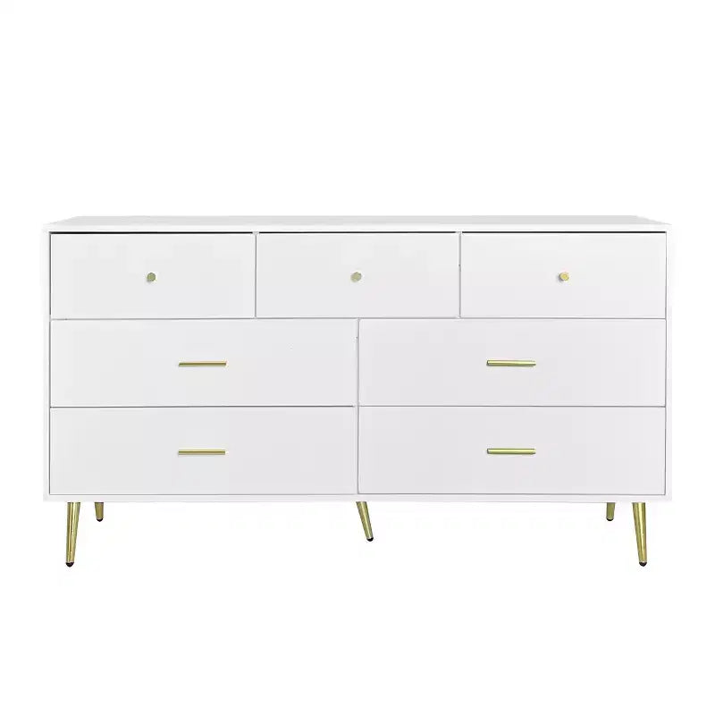 Seven Drawers Large Chest Of Drawers Cabinet With Golden Handle And Golden Legs White