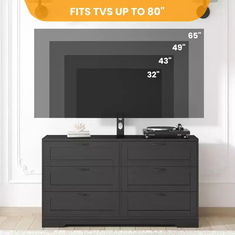 Meuble TV avec support et 6 tiroirs. Meuble TV pour téléviseurs de 32 à 80 pouces. Console multimédia réglable en hauteur pour chambre et salon.