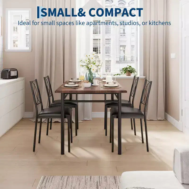 Space Saving Farmhouse Dining Table Set For 4,Sturdy Wood Table,Upholstered Chairs,Perfect For Apartments And Small Kitchens,Elegant Walnut Color