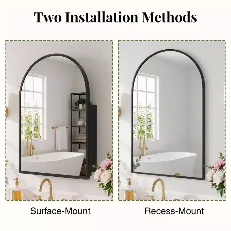 PexFix 2Pcs Arched Medicine Cabinet with Mirror Metal Framed Bathroom Mirror Cabinet with Storage Recessed & Surface Mount Wall Mounted Vanity Cabinet