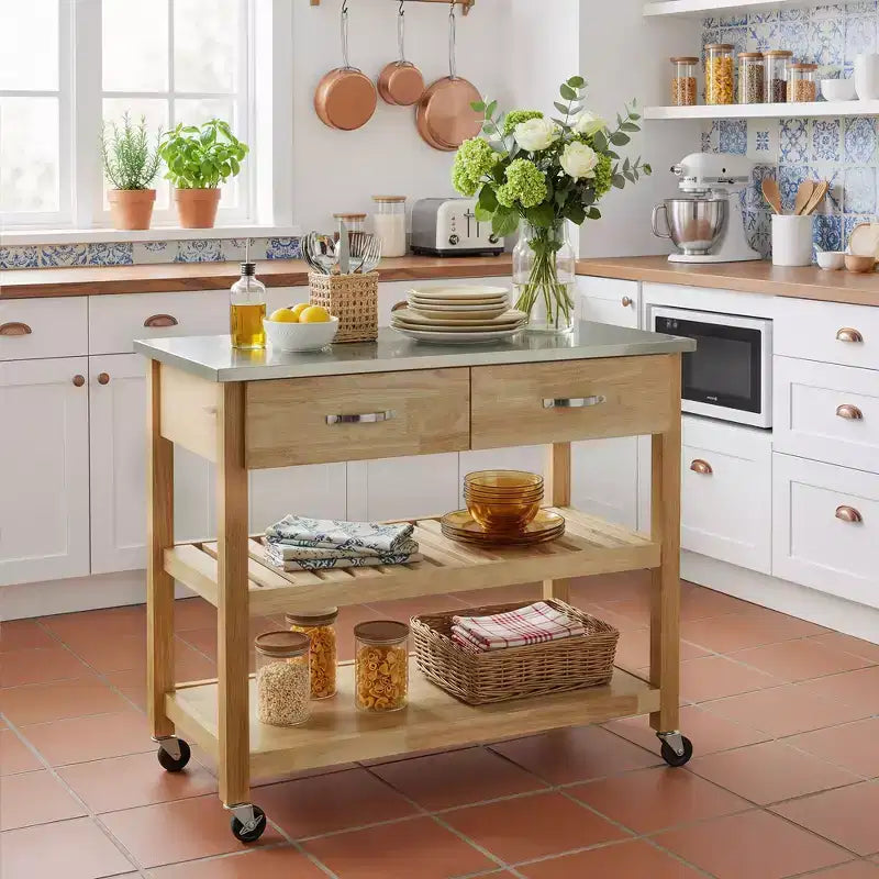 Chariot de cuisine roulant de 42 pouces avec dessus en acier inoxydable, îlot de cuisine en bois massif avec 2 tiroirs, rangement à 3 niveaux, roulettes verrouillables, table de préparation mobile