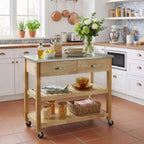 Chariot de cuisine roulant de 42 pouces avec dessus en acier inoxydable, îlot de cuisine en bois massif avec 2 tiroirs, rangement à 3 niveaux, roulettes verrouillables, table de préparation mobile