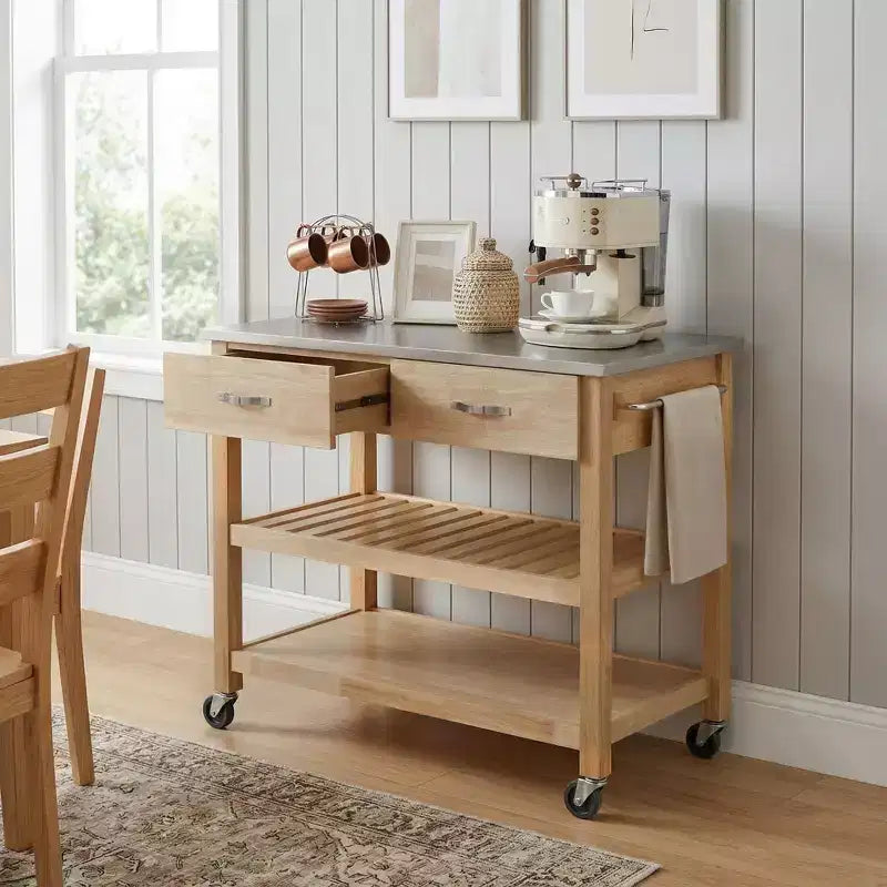 Chariot de cuisine roulant de 42 pouces avec dessus en acier inoxydable, îlot de cuisine en bois massif avec 2 tiroirs, rangement à 3 niveaux, roulettes verrouillables, table de préparation mobile