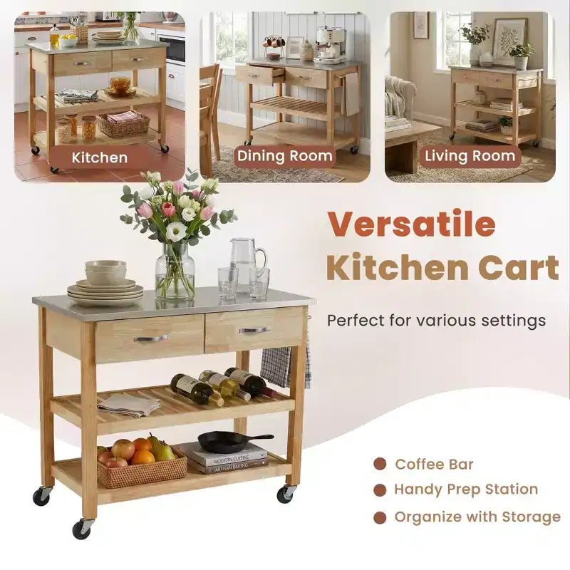 Chariot de cuisine roulant de 42 pouces avec dessus en acier inoxydable, îlot de cuisine en bois massif avec 2 tiroirs, rangement à 3 niveaux, roulettes verrouillables, table de préparation mobile