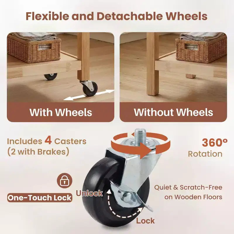 Chariot de cuisine roulant de 42 pouces avec dessus en acier inoxydable, îlot de cuisine en bois massif avec 2 tiroirs, rangement à 3 niveaux, roulettes verrouillables, table de préparation mobile