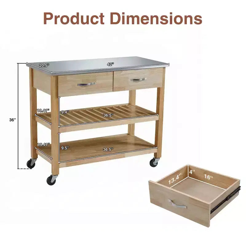 Chariot de cuisine roulant de 42 pouces avec dessus en acier inoxydable, îlot de cuisine en bois massif avec 2 tiroirs, rangement à 3 niveaux, roulettes verrouillables, table de préparation mobile