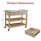 Chariot de cuisine roulant de 42 pouces avec dessus en acier inoxydable, îlot de cuisine en bois massif avec 2 tiroirs, rangement à 3 niveaux, roulettes verrouillables, table de préparation mobile