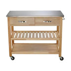Chariot de cuisine roulant de 42 pouces avec dessus en acier inoxydable, îlot de cuisine en bois massif avec 2 tiroirs, rangement à 3 niveaux, roulettes verrouillables, table de préparation mobile
