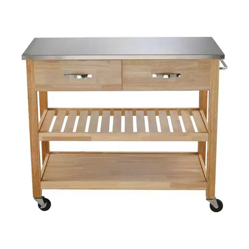 Chariot de cuisine roulant de 42 pouces avec dessus en acier inoxydable, îlot de cuisine en bois massif avec 2 tiroirs, rangement à 3 niveaux, roulettes verrouillables, table de préparation mobile