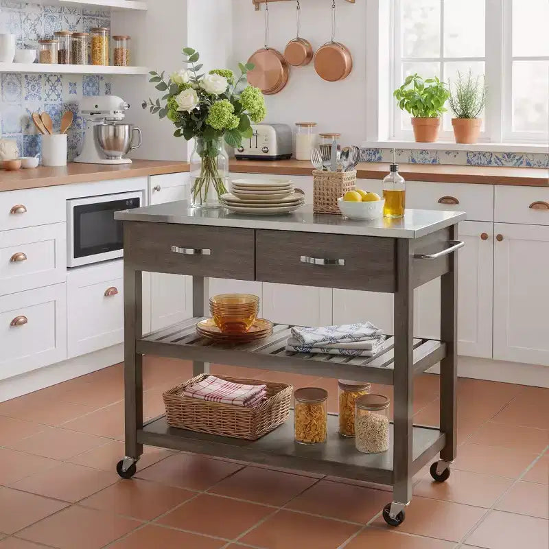 Chariot de cuisine roulant de 42 pouces avec dessus en acier inoxydable, îlot de cuisine en bois massif avec 2 tiroirs, rangement à 3 niveaux, roulettes verrouillables, table de préparation mobile