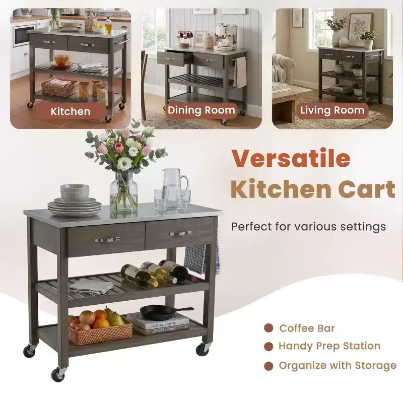 Chariot de cuisine roulant de 42 pouces avec dessus en acier inoxydable, îlot de cuisine en bois massif avec 2 tiroirs, rangement à 3 niveaux, roulettes verrouillables, table de préparation mobile