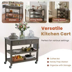 Chariot de cuisine roulant de 42 pouces avec dessus en acier inoxydable, îlot de cuisine en bois massif avec 2 tiroirs, rangement à 3 niveaux, roulettes verrouillables, table de préparation mobile