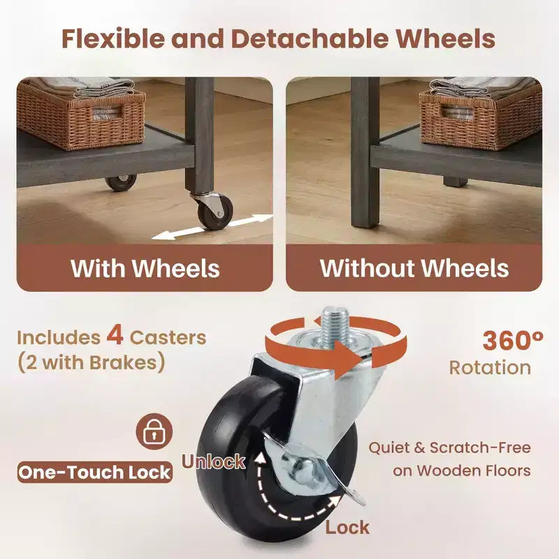 Chariot de cuisine roulant de 42 pouces avec dessus en acier inoxydable, îlot de cuisine en bois massif avec 2 tiroirs, rangement à 3 niveaux, roulettes verrouillables, table de préparation mobile