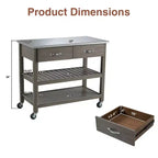 Chariot de cuisine roulant de 42 pouces avec dessus en acier inoxydable, îlot de cuisine en bois massif avec 2 tiroirs, rangement à 3 niveaux, roulettes verrouillables, table de préparation mobile