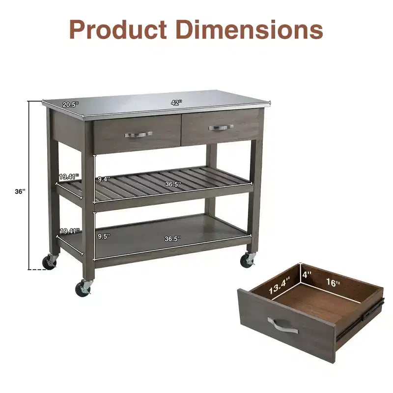 Chariot de cuisine roulant de 42 pouces avec dessus en acier inoxydable, îlot de cuisine en bois massif avec 2 tiroirs, rangement à 3 niveaux, roulettes verrouillables, table de préparation mobile