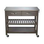 Chariot de cuisine roulant de 42 pouces avec dessus en acier inoxydable, îlot de cuisine en bois massif avec 2 tiroirs, rangement à 3 niveaux, roulettes verrouillables, table de préparation mobile