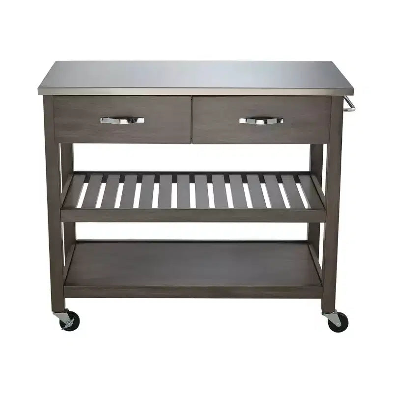 Chariot de cuisine roulant de 42 pouces avec dessus en acier inoxydable, îlot de cuisine en bois massif avec 2 tiroirs, rangement à 3 niveaux, roulettes verrouillables, table de préparation mobile