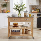 Chariot de cuisine roulant de 42 pouces avec dessus en acier inoxydable, îlot de cuisine en bois massif avec 2 tiroirs, rangement à 3 niveaux, roulettes verrouillables, table de préparation mobile
