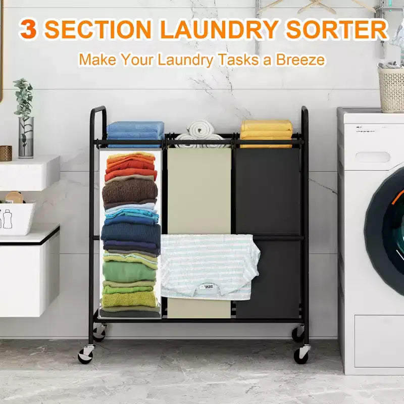 3-Bag Laundry Sorter Cart, 120L Rolling Laundry Hamper with Lockable Wheels, 3 Section Large Laundry Basket Organizer