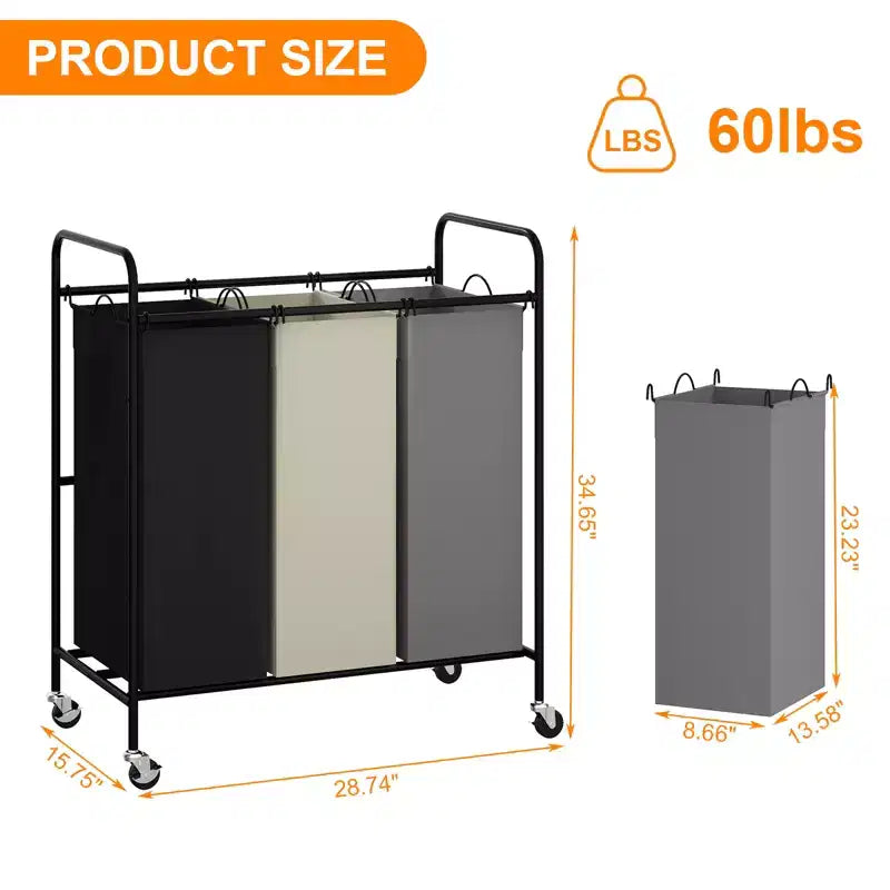 3-Bag Laundry Sorter Cart, 120L Rolling Laundry Hamper with Lockable Wheels, 3 Section Large Laundry Basket Organizer