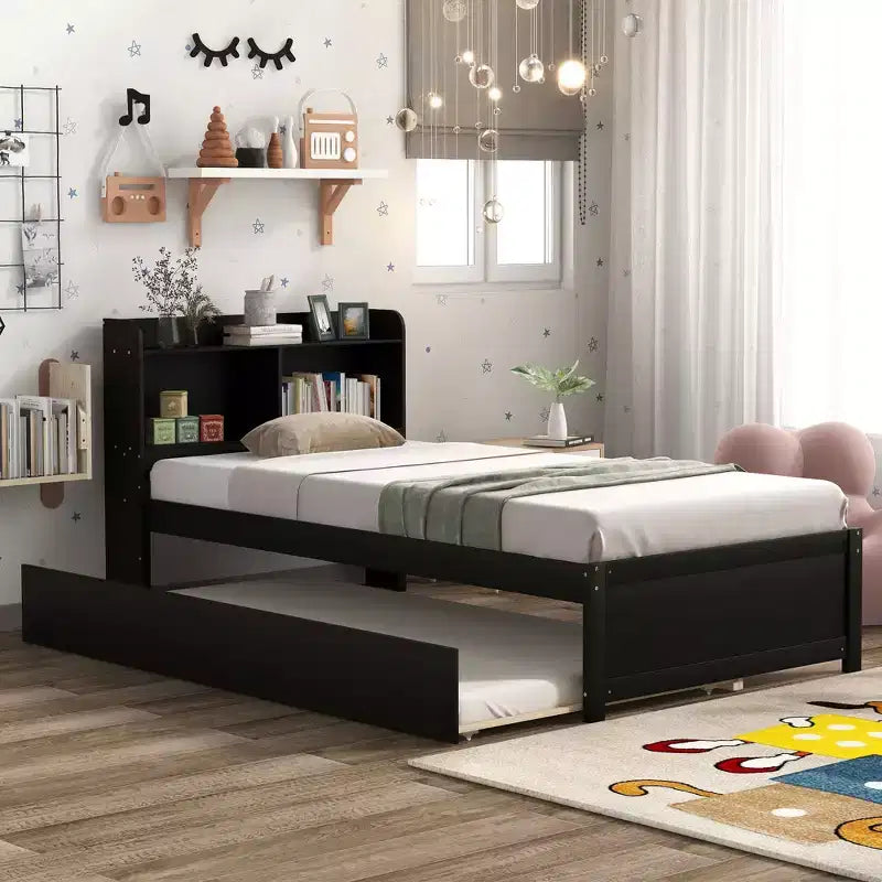 MAYEERTY Cadre de lit double avec rangement sous le lit, sans sommier tapissier, design silencieux