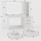 GustoWave Vanity Desk with Mirror, 5 Drawers Glass Top Hairdryer Rack Wave Texture Makeup Table for Bedroom