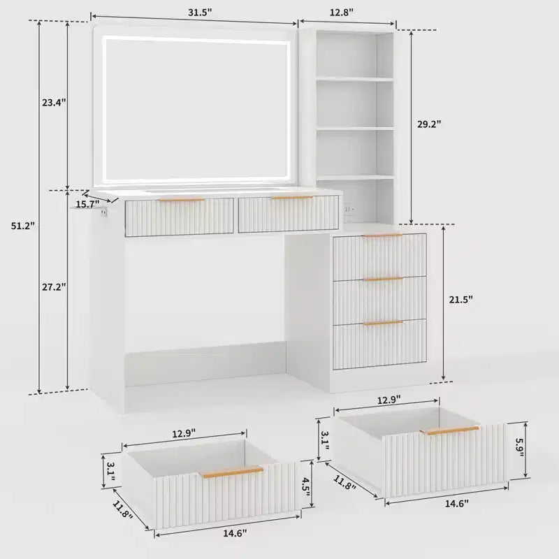 GustoWave Vanity Desk with Mirror, 5 Drawers Glass Top Hairdryer Rack Wave Texture Makeup Table for Bedroom