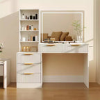 GustoWave Vanity Desk with Mirror, 5 Drawers Glass Top Hairdryer Rack Wave Texture Makeup Table for Bedroom