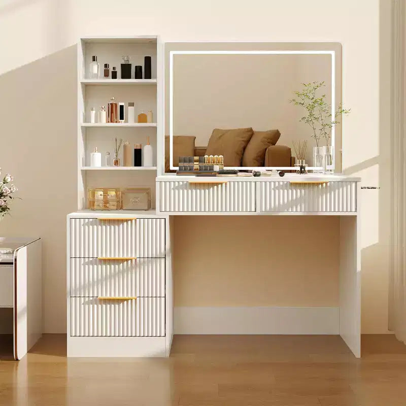GustoWave Vanity Desk with Mirror, 5 Drawers Glass Top Hairdryer Rack Wave Texture Makeup Table for Bedroom