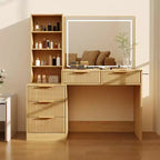 GustoWave Vanity Desk with Mirror, 5 Drawers Glass Top Hairdryer Rack Wave Texture Makeup Table for Bedroom