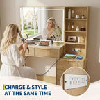 GustoWave Vanity Desk with Mirror, 5 Drawers Glass Top Hairdryer Rack Wave Texture Makeup Table for Bedroom