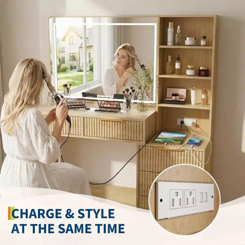 GustoWave Vanity Desk with Mirror, 5 Drawers Glass Top Hairdryer Rack Wave Texture Makeup Table for Bedroom