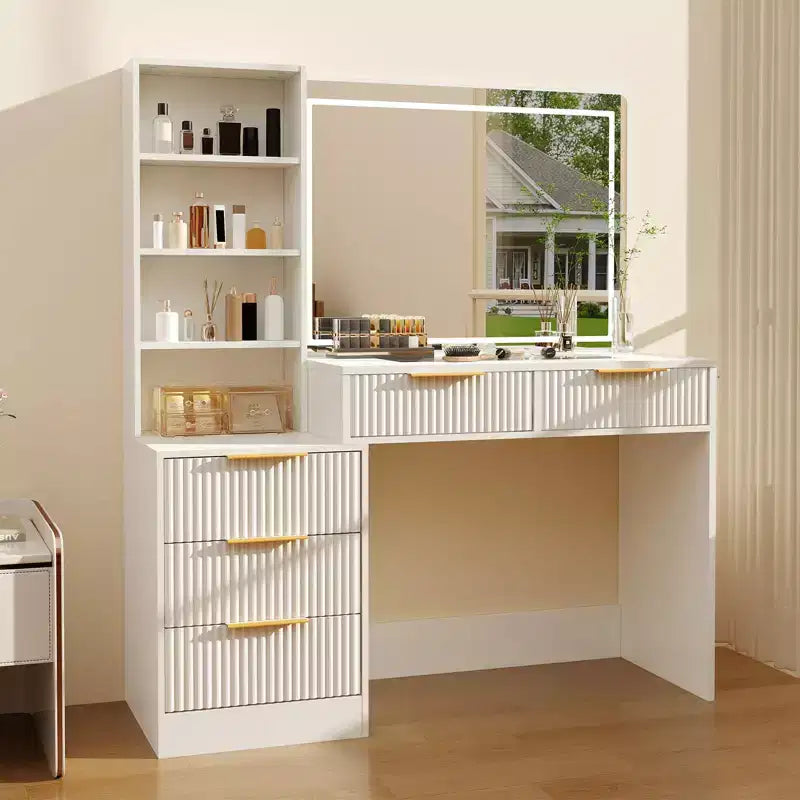 GustoWave Vanity Desk with Mirror, 5 Drawers Glass Top Hairdryer Rack Wave Texture Makeup Table for Bedroom