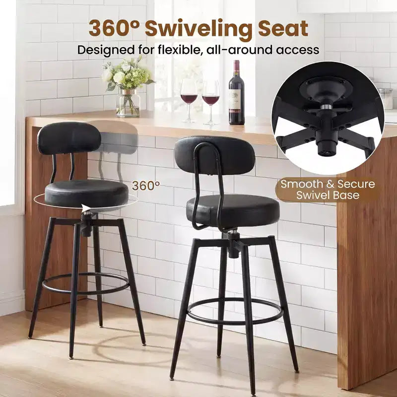 Costway Swivel Barstools Set of 2/4 Faux Leather Bar Height Chairs with Upholstered Seat Back Black/Black + Brown