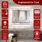SUMERAIN 40x32 Wall Bathroom Mirror with 3 Color, Fog-Free ETL Smart Vanity Mirror Tempered Glass