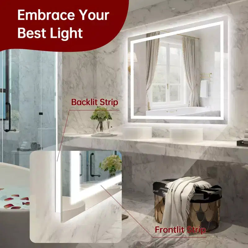 SUMERAIN 40x32 Wall Bathroom Mirror with 3 Color, Fog-Free ETL Smart Vanity Mirror Tempered Glass
