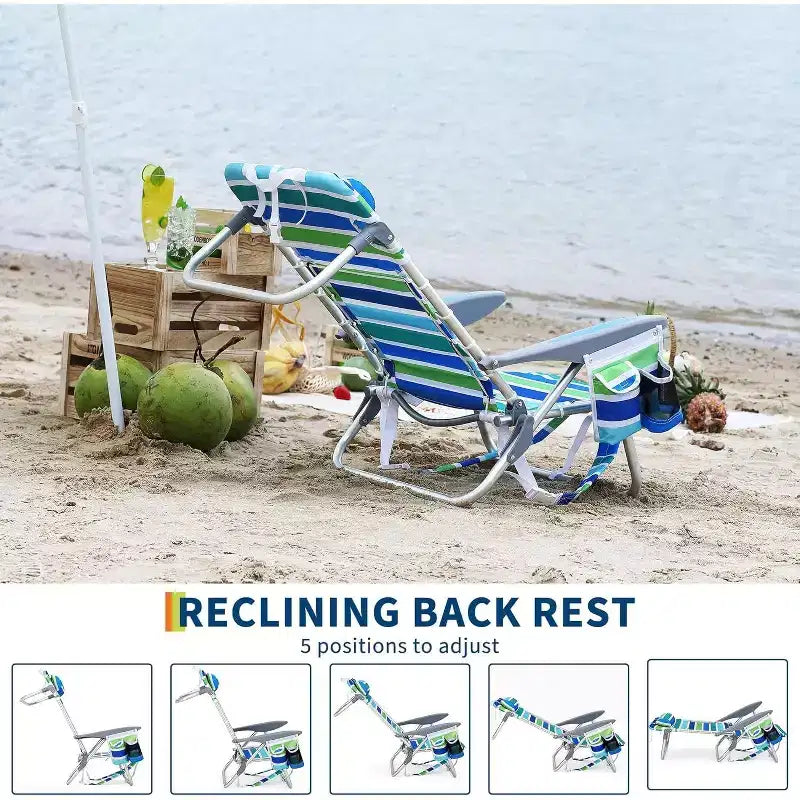 Lot de 2 chaises de plage portables pliantes avec dossier inclinable sur 5 positions, capacité de 136 kg, avec sangles de sac à dos