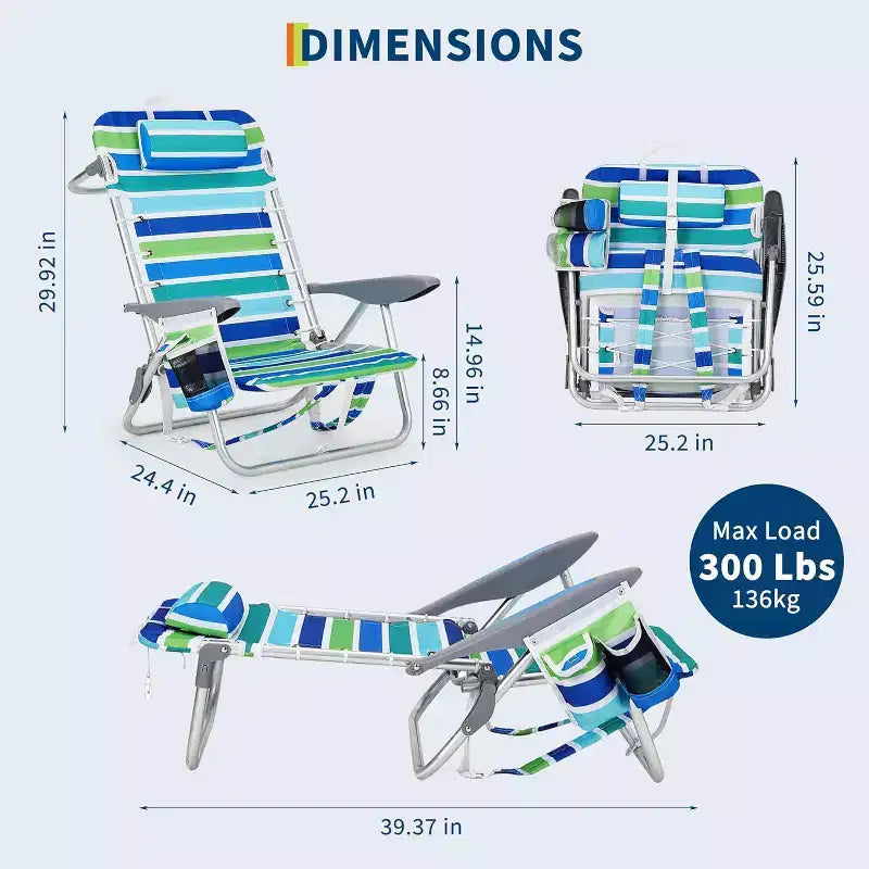 Lot de 2 chaises de plage portables pliantes avec dossier inclinable sur 5 positions, capacité de 136 kg, avec sangles de sac à dos